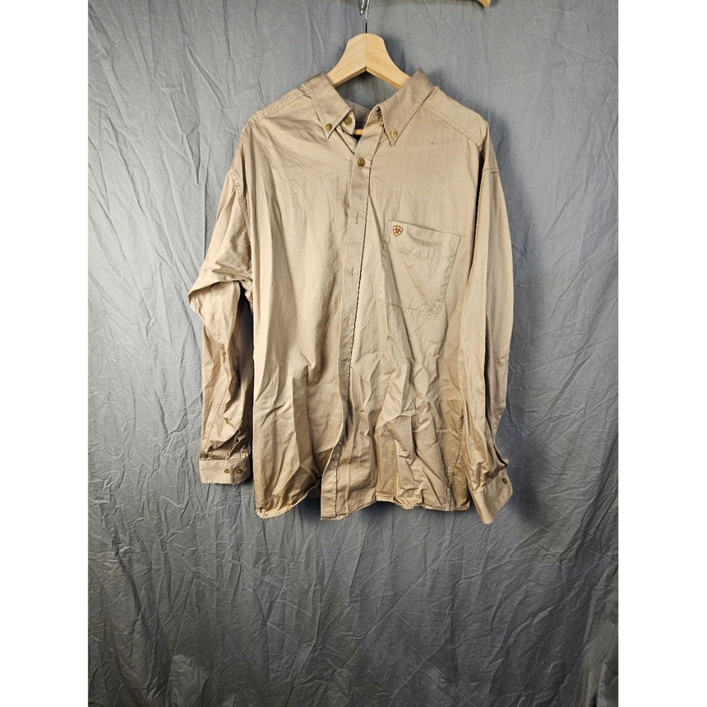 Ariat Mens XL Tall Khaki Tan Long Sleeve Button Down Work Shirt Logo Twill